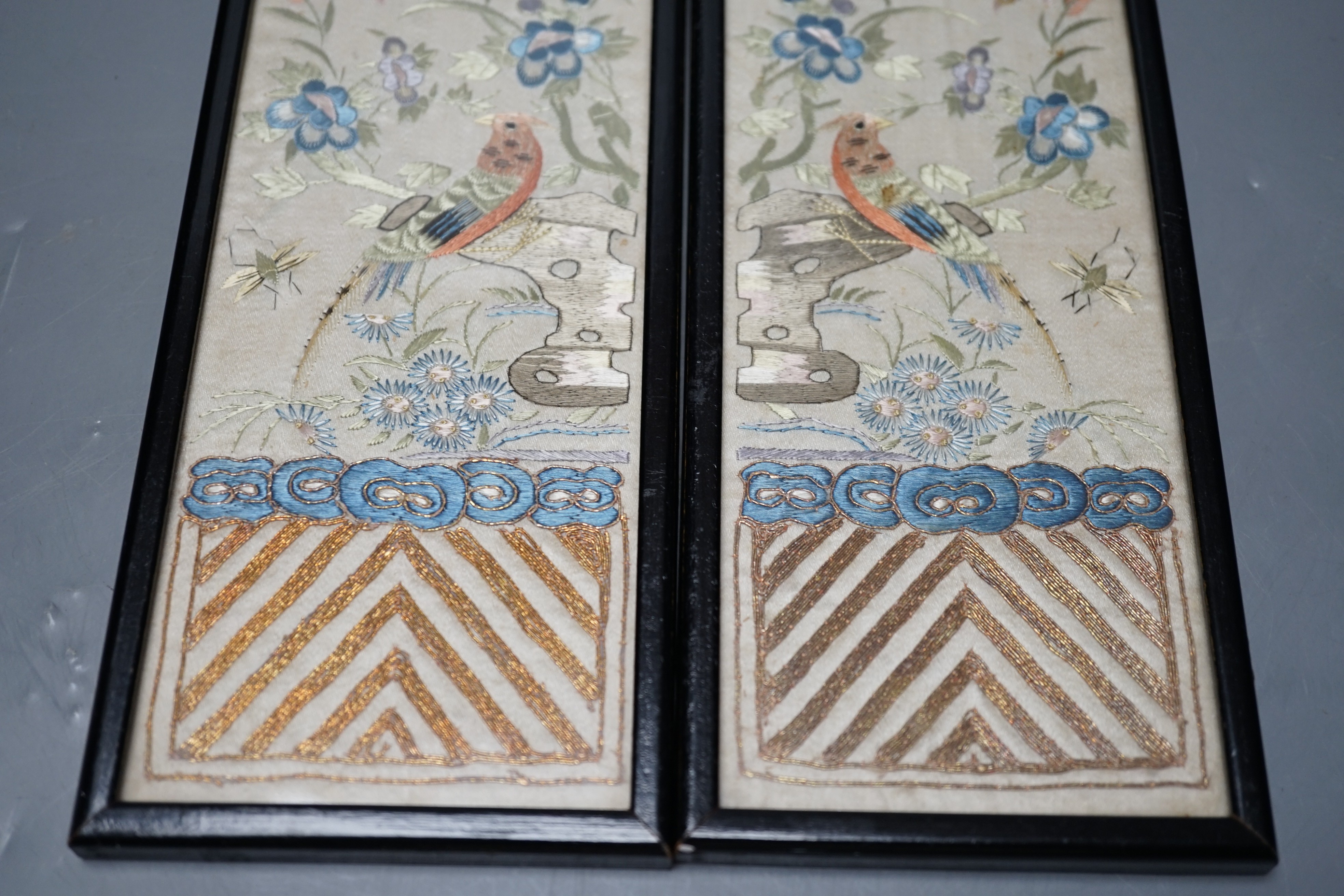 A pair of Chinese coloured silk pictures, framed, 24x9cm